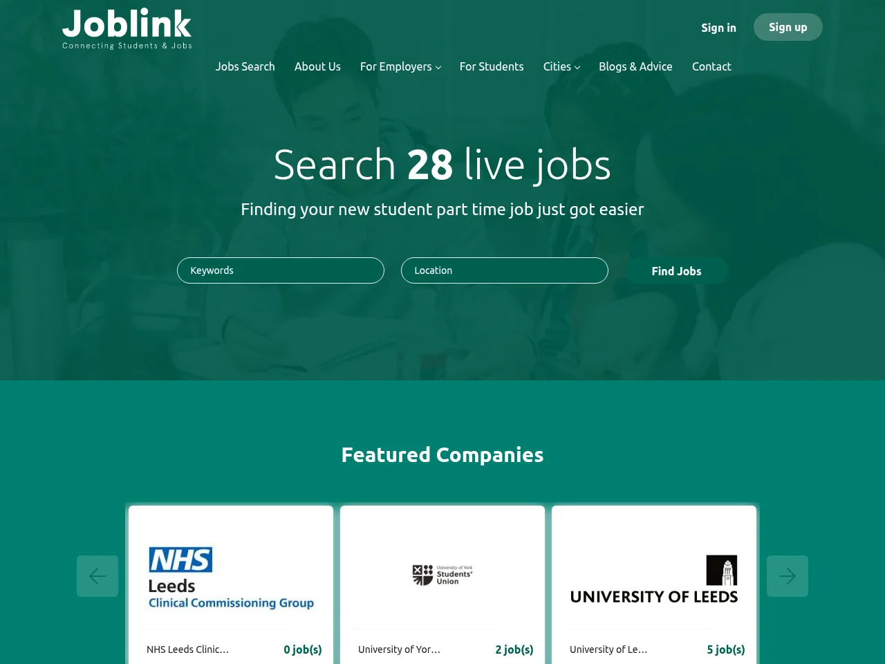 Joblink Student Jobs job board platform screenshot showing job search interface