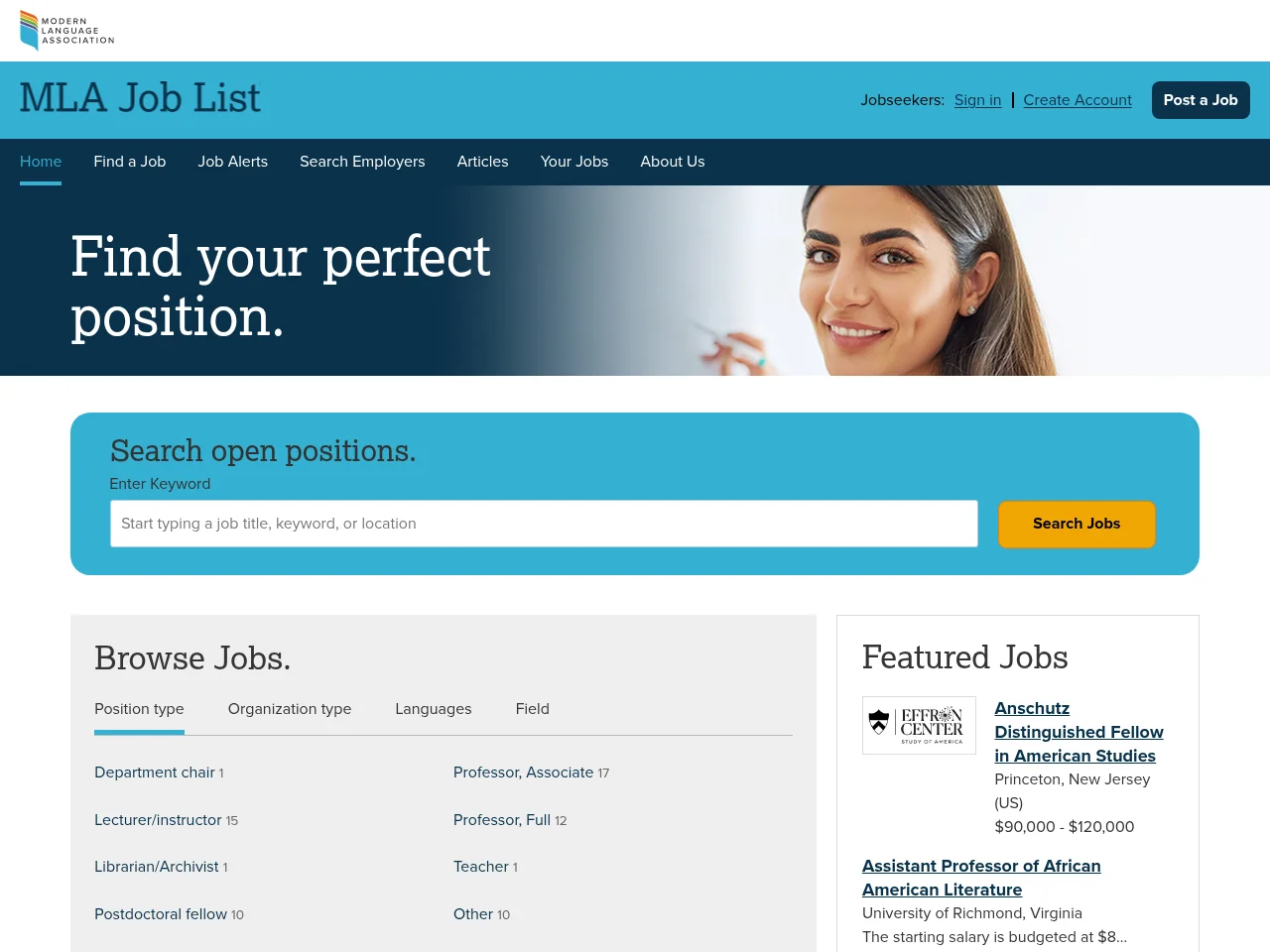MLA Job List screenshot MLA Job List job board platform screenshot showing job search interface