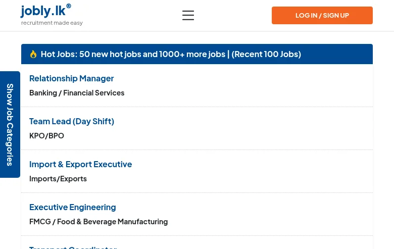 jobly.lk job board platform screenshot showing job search interface