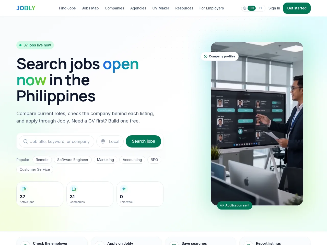 Jobly job board platform screenshot showing job search interface