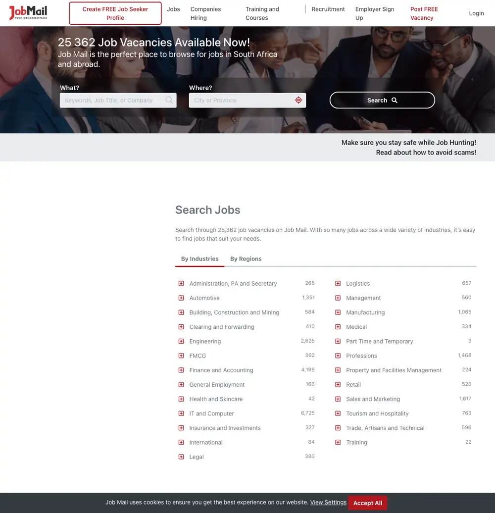 Job Mail job board platform screenshot showing job search interface