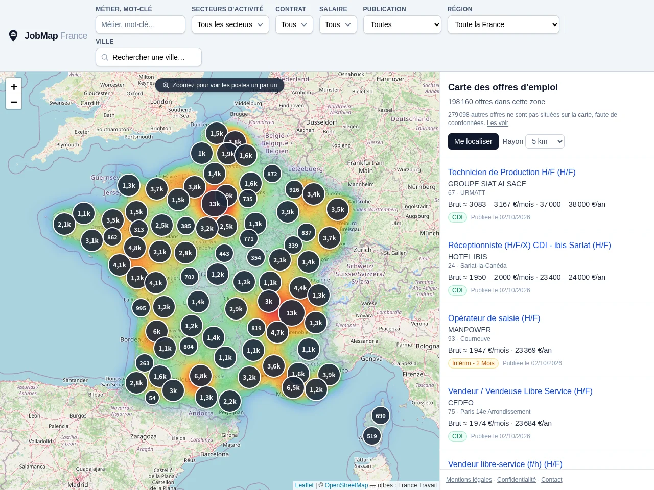 JobMap France job board platform screenshot showing job search interface