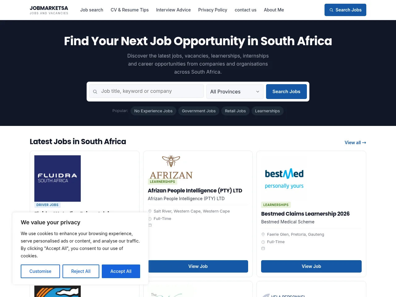 JobMarketSA job board platform screenshot showing job search interface