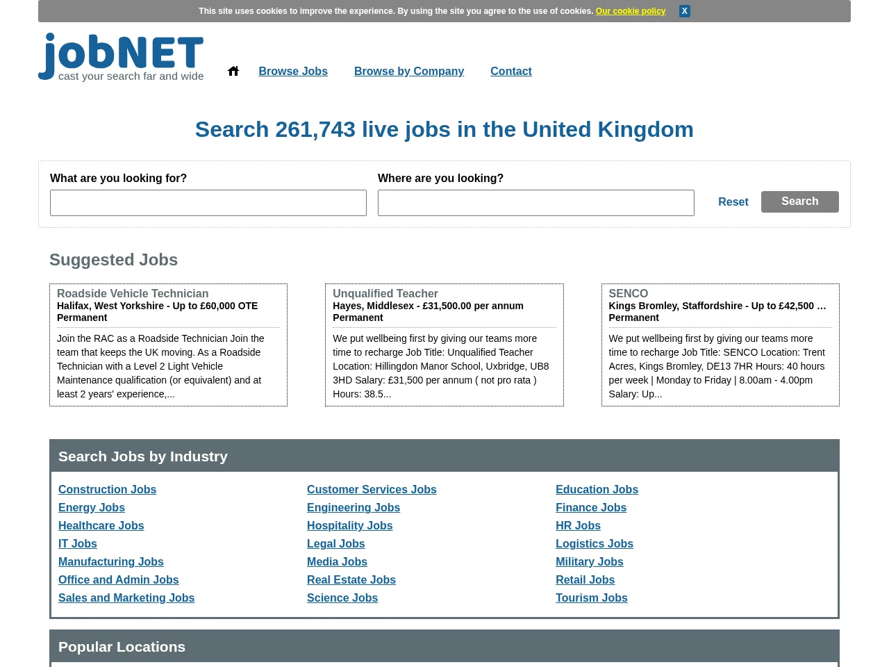 JobNet UK job board platform screenshot showing job search interface