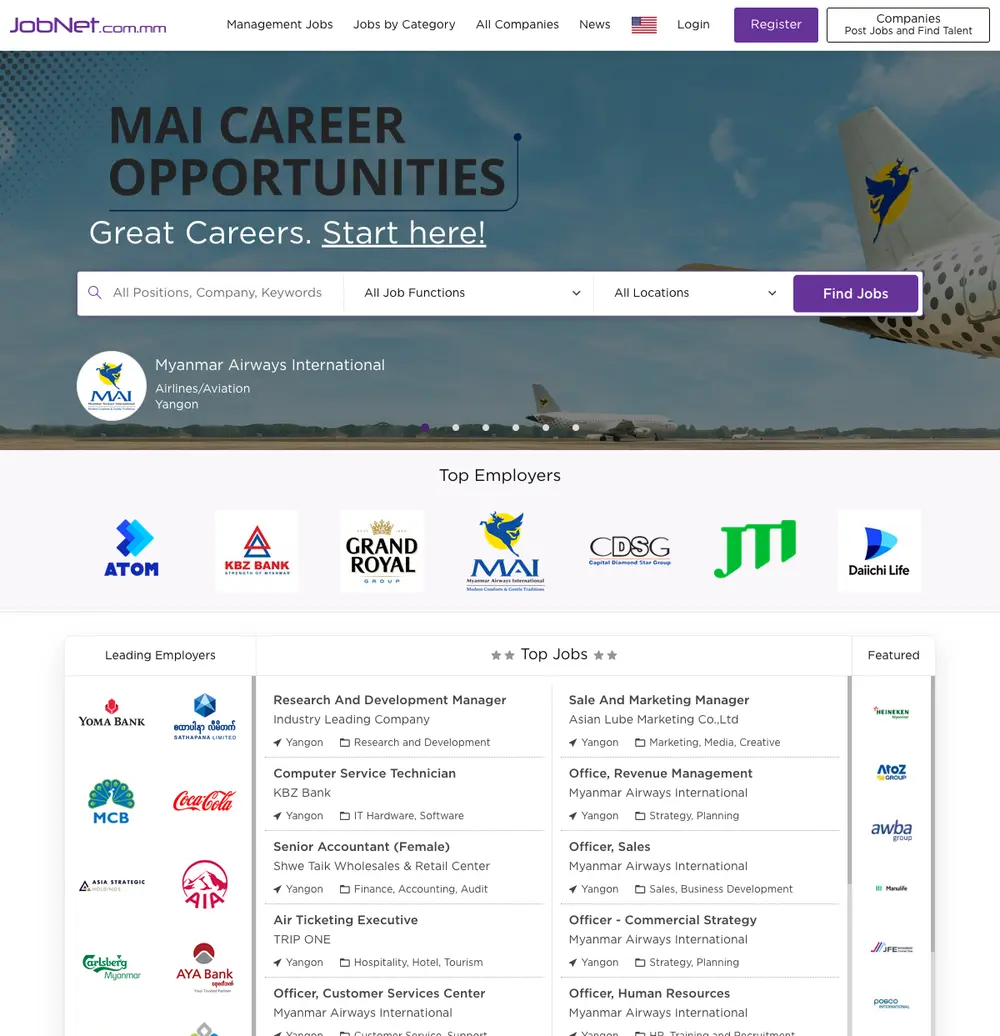 JobNet.com.mm job board platform screenshot showing job search interface