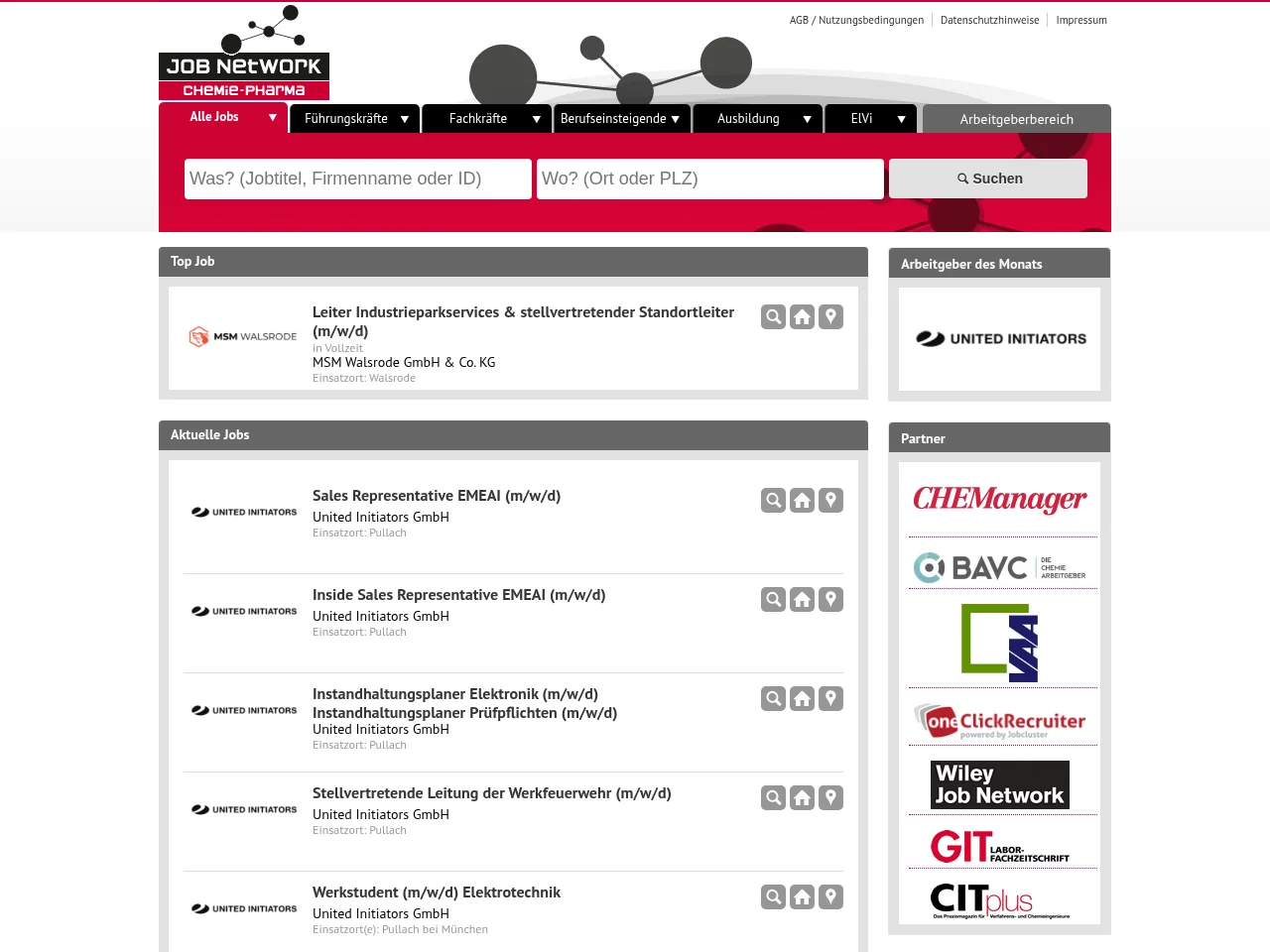 JOBNetWORK Chemie|Pharma job board platform screenshot showing job search interface