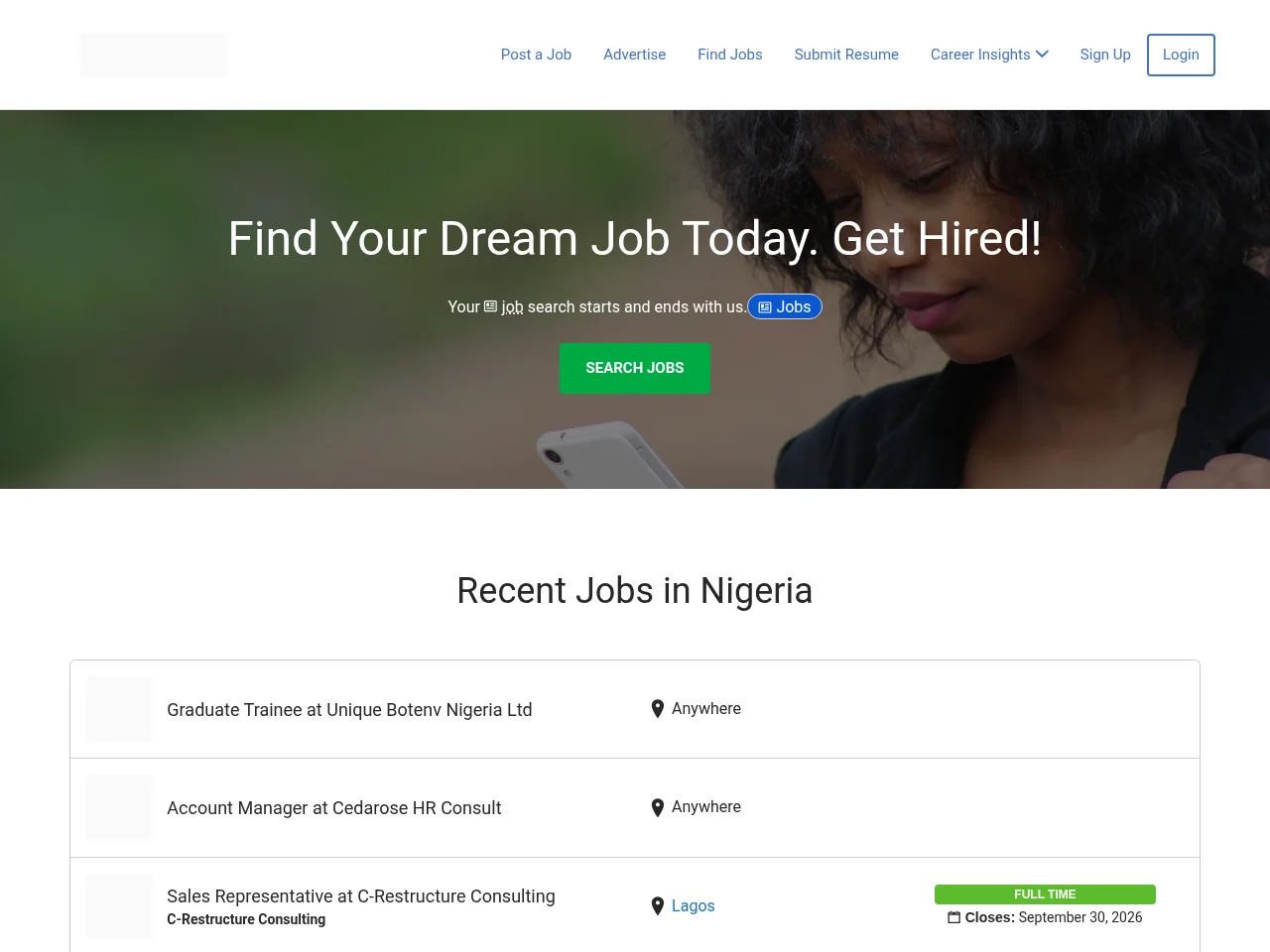JobNetworkNigeria job board platform screenshot showing job search interface