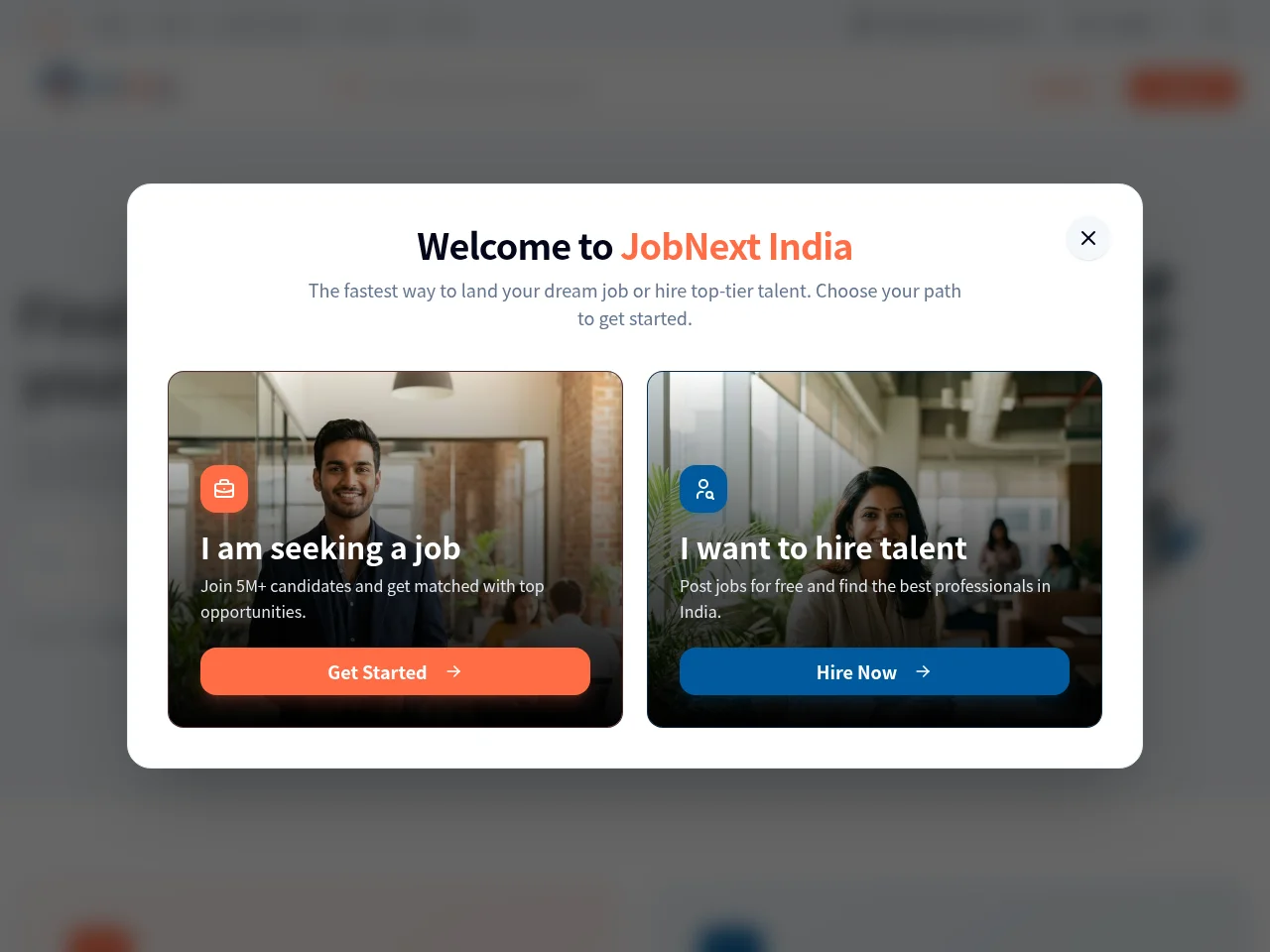 JobNext India job board platform screenshot showing job search interface