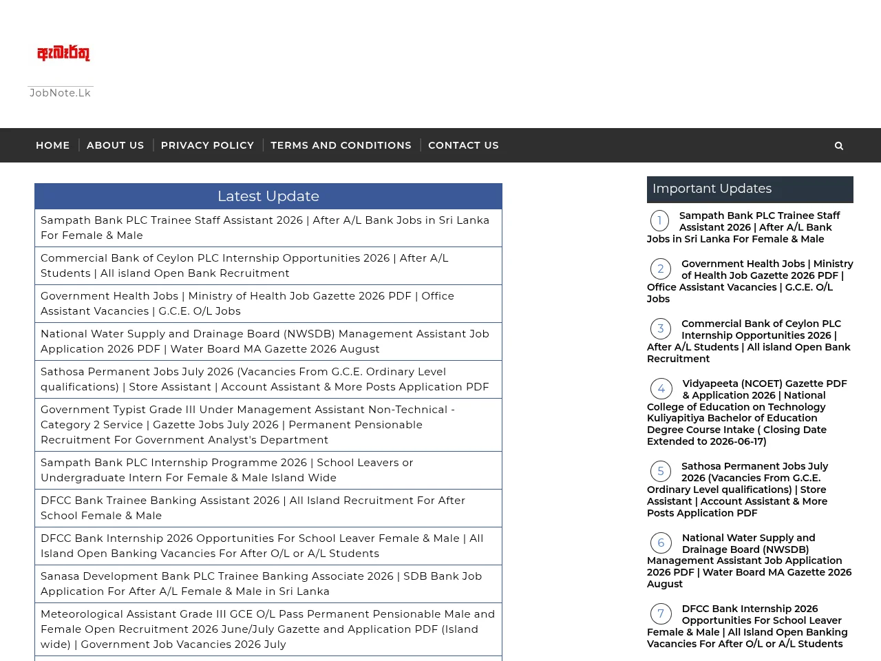 JobNote.Lk job board platform screenshot showing job search interface