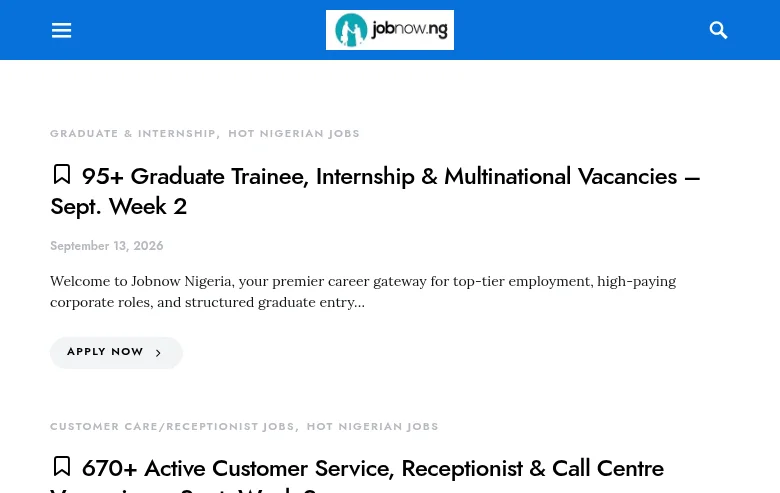 Jobnow Nigeria job board platform screenshot showing job search interface