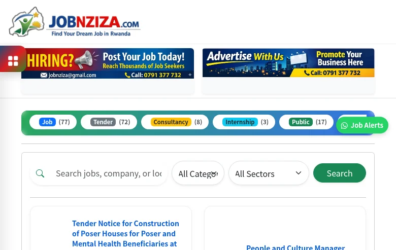 JobNziza job board platform screenshot showing job search interface