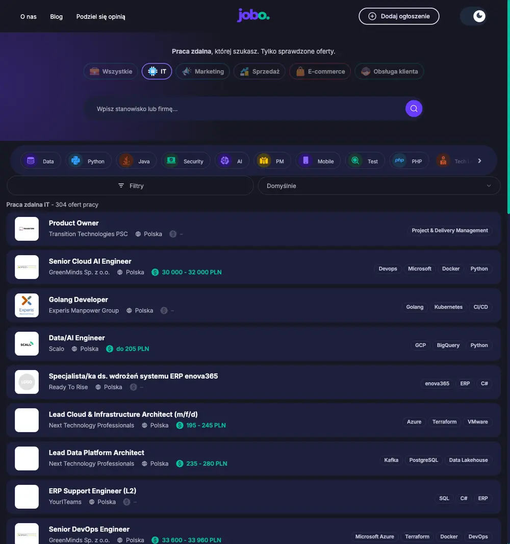 Jobo job board platform screenshot showing job search interface