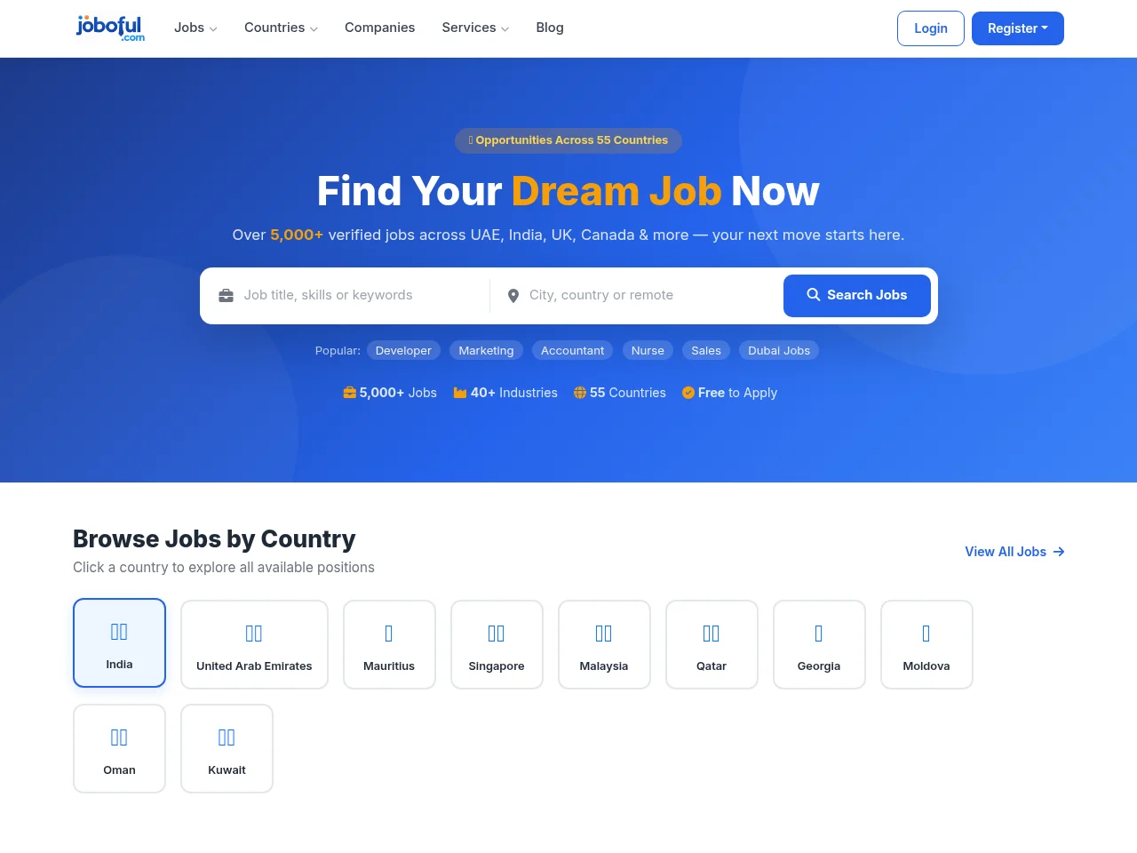 Joboful job board platform screenshot showing job search interface