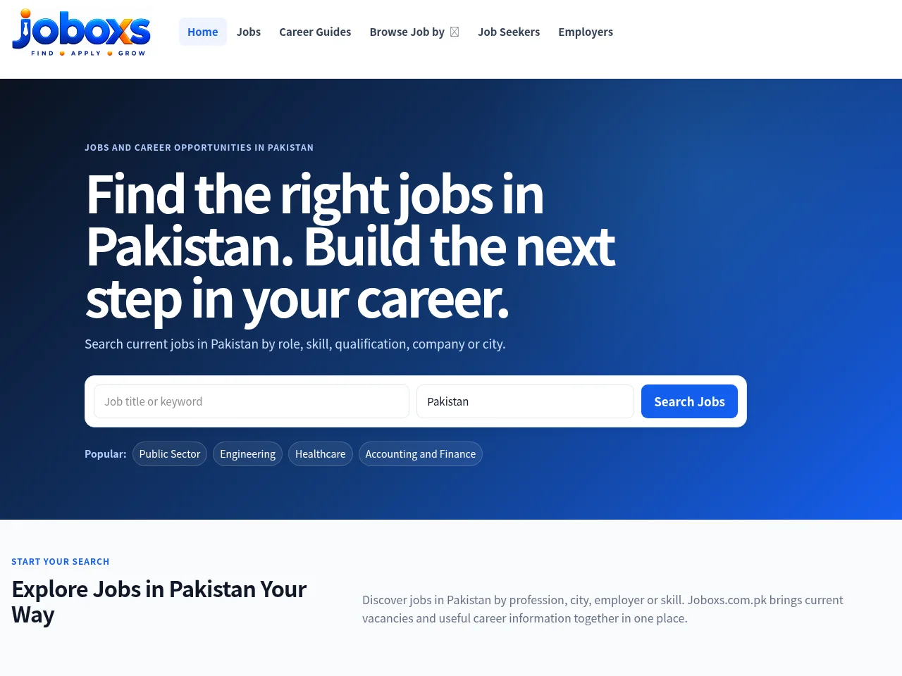 joboxs.com.pk job board platform screenshot showing job search interface