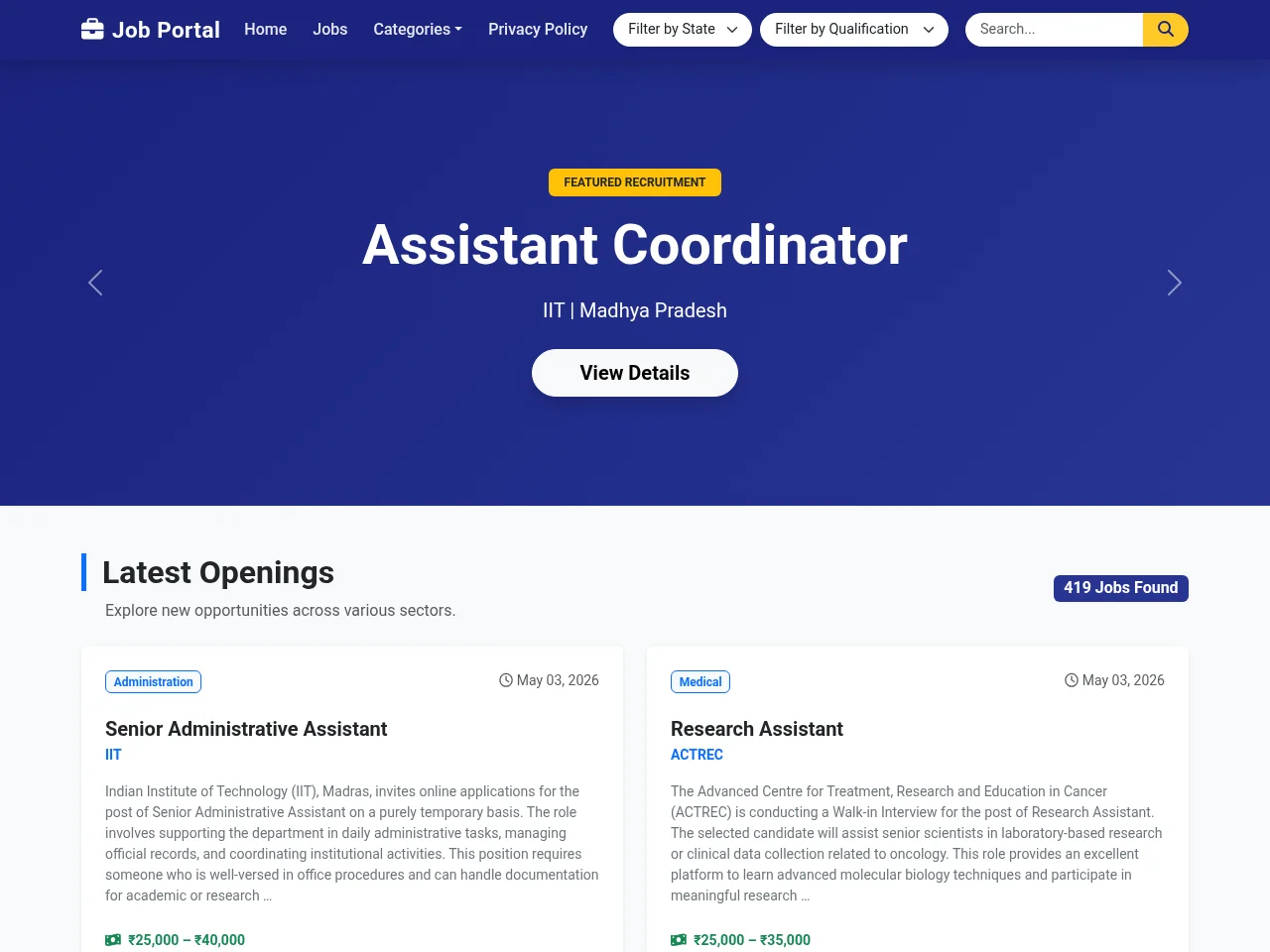 Shreeji Fintech Job Portal job board platform screenshot showing job search interface