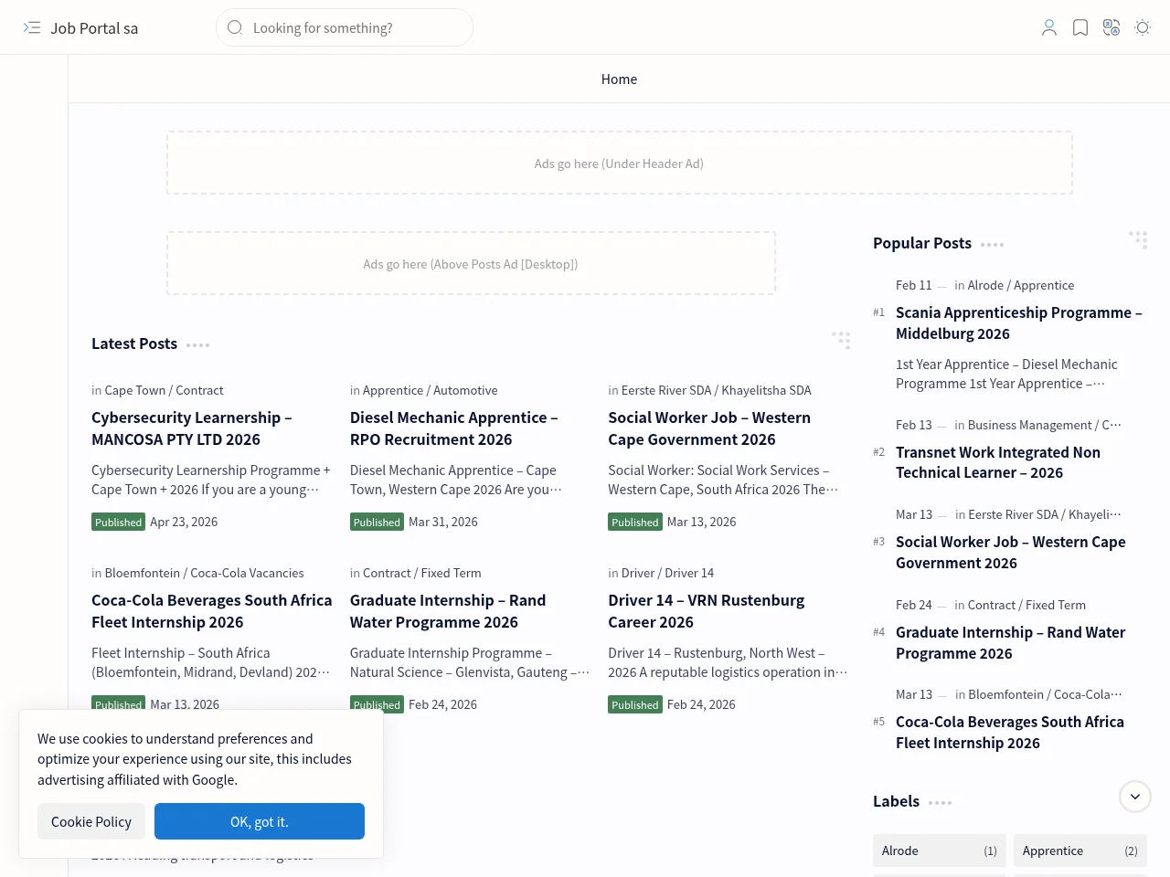 Job Portal SA job board platform screenshot showing job search interface