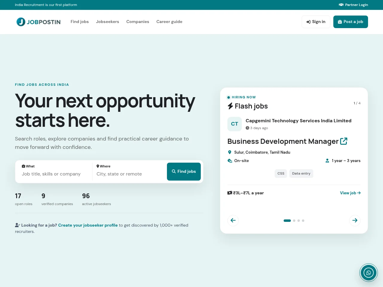 JobPostIn job board platform screenshot showing job search interface