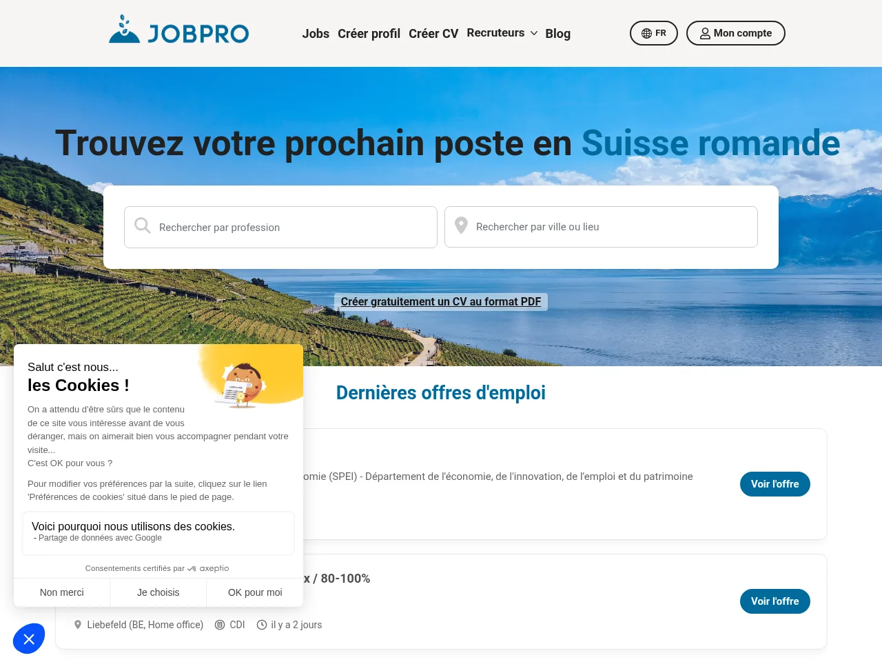 Jobpro.ch job board platform screenshot showing job search interface