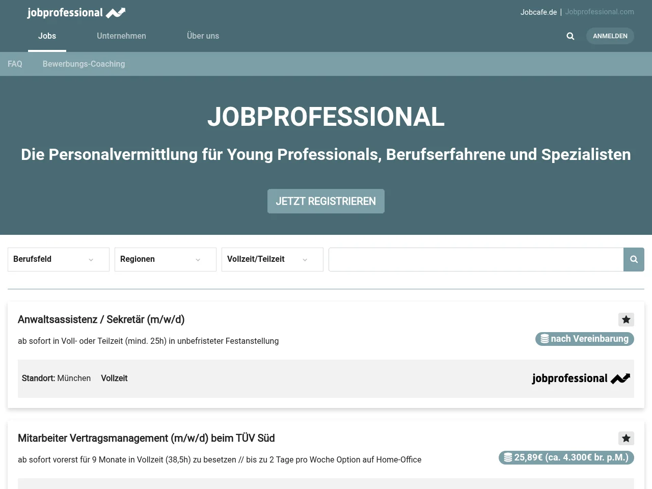 Jobprofessional job board platform screenshot showing job search interface