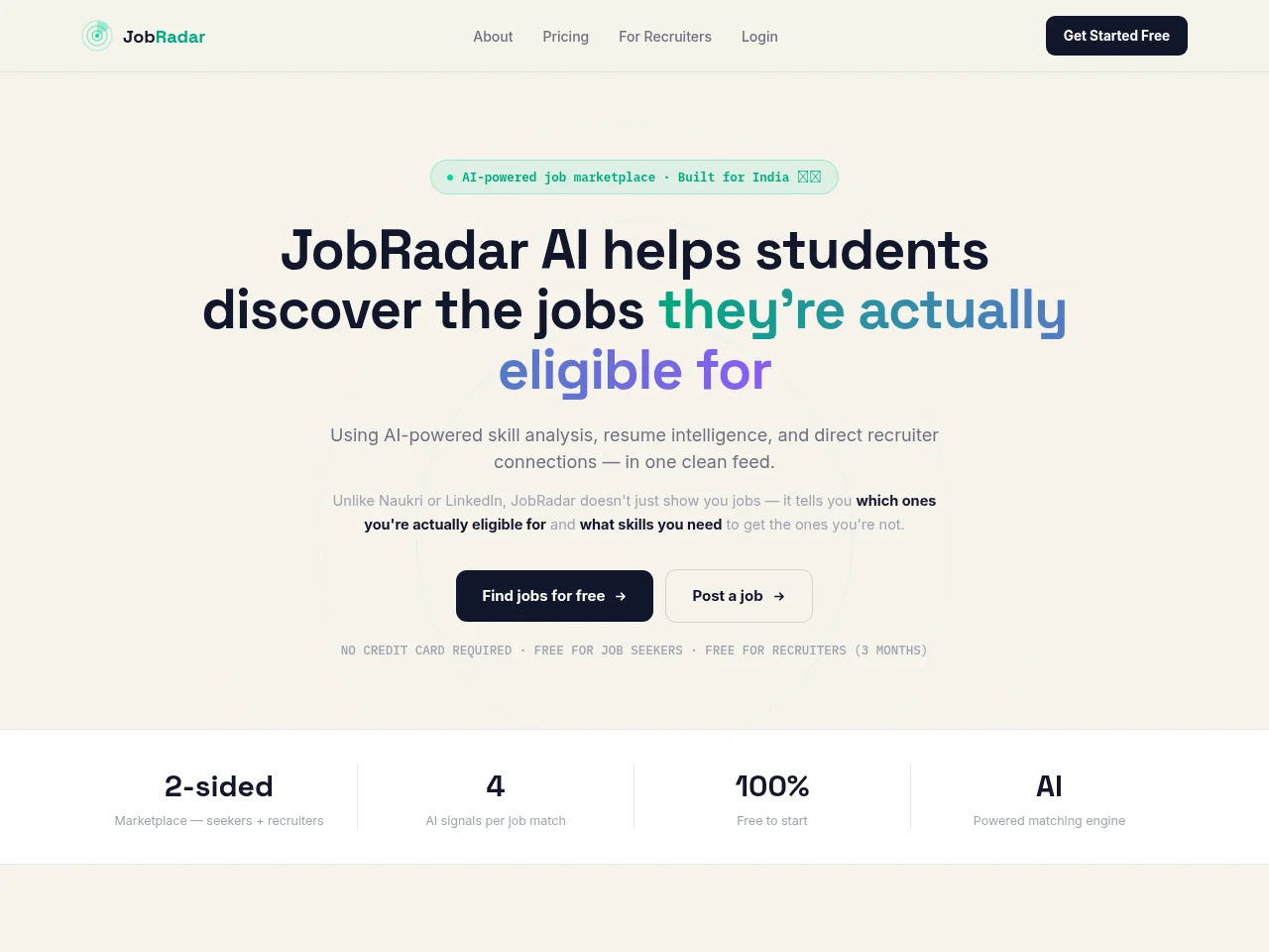JobRadar job board platform screenshot showing job search interface