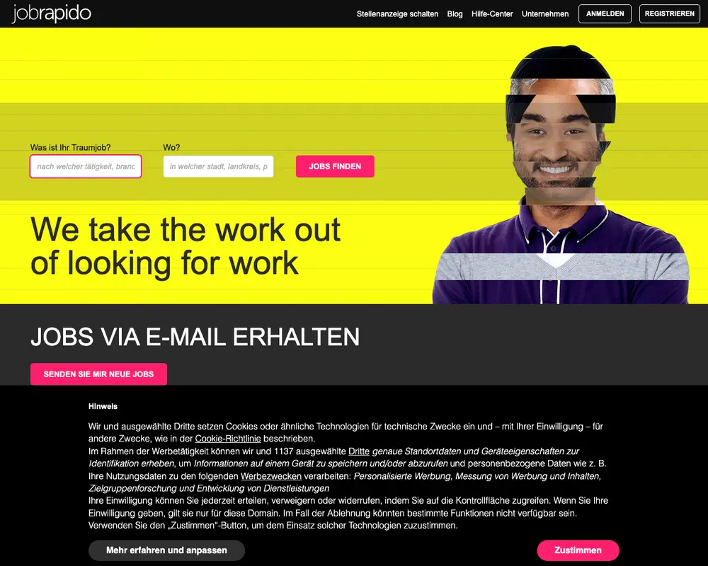 Jobrapido job board platform screenshot showing job search interface