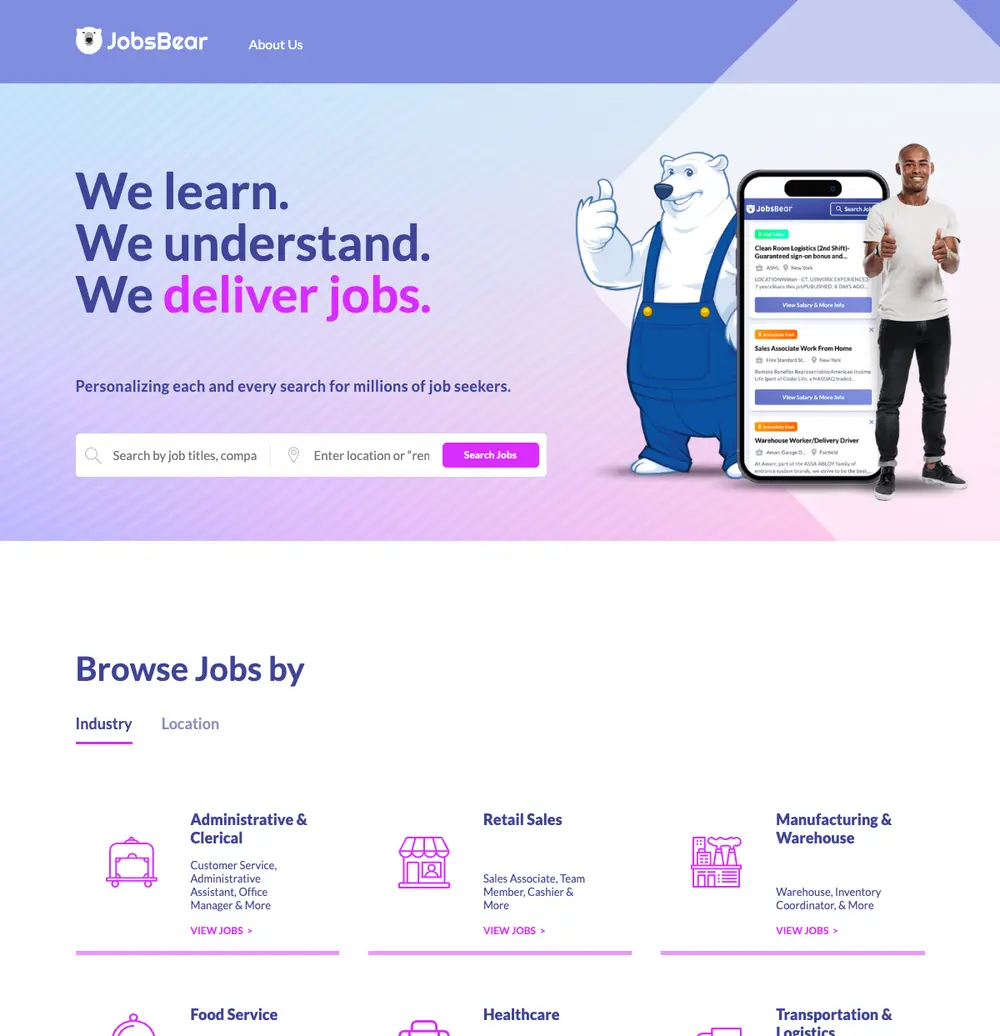 JobsBear job board platform screenshot showing job search interface