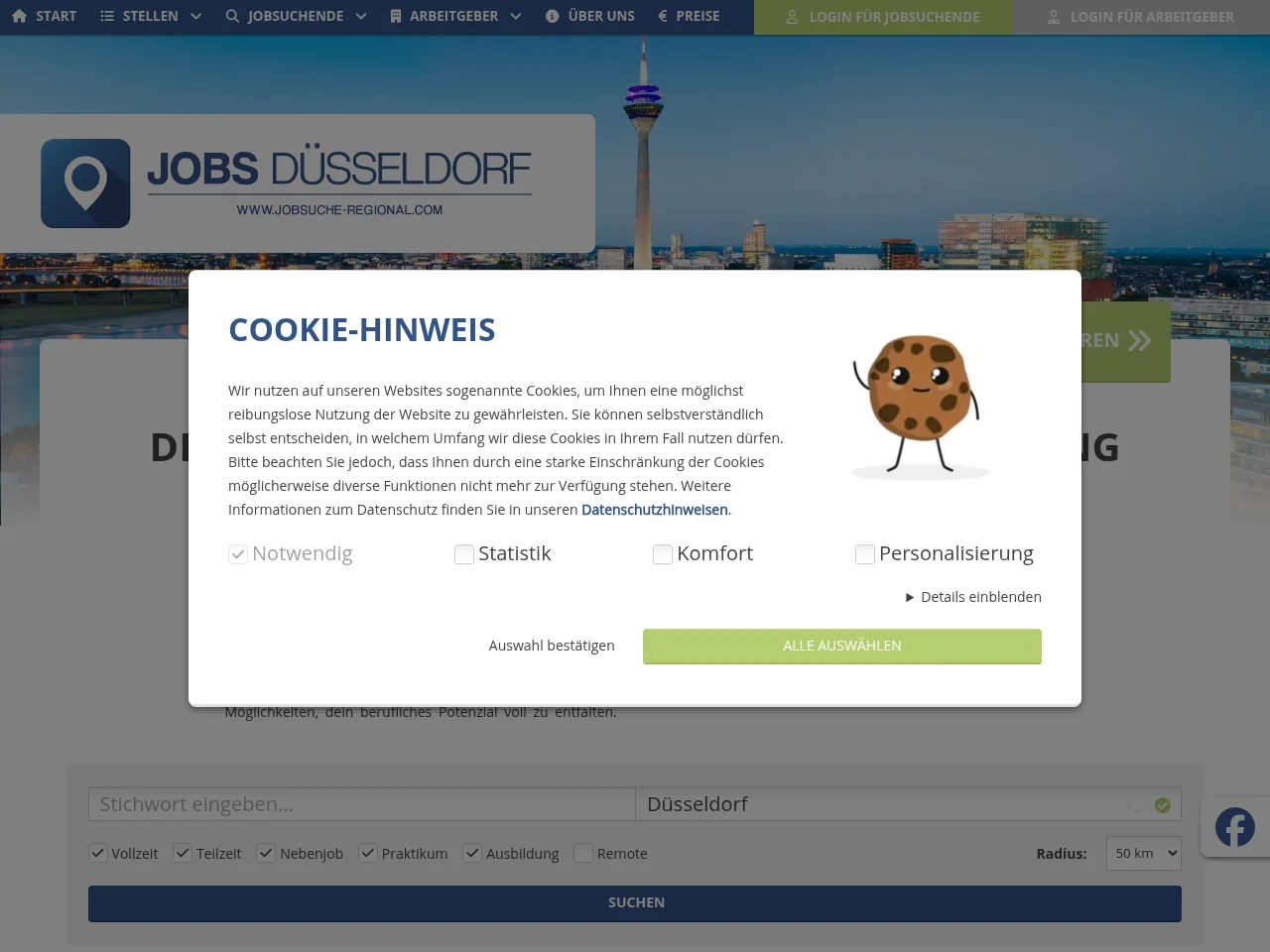 Jobs Düsseldorf job board platform screenshot showing job search interface