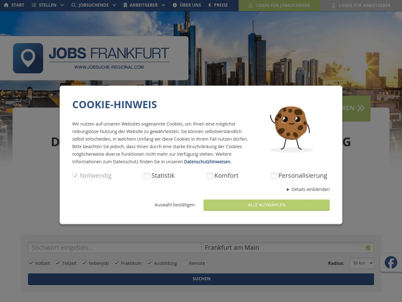 Jobs Frankfurt job board platform screenshot showing job search interface