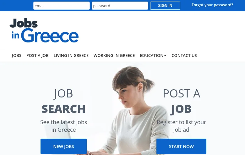 Jobs in Greece job board platform screenshot showing job search interface