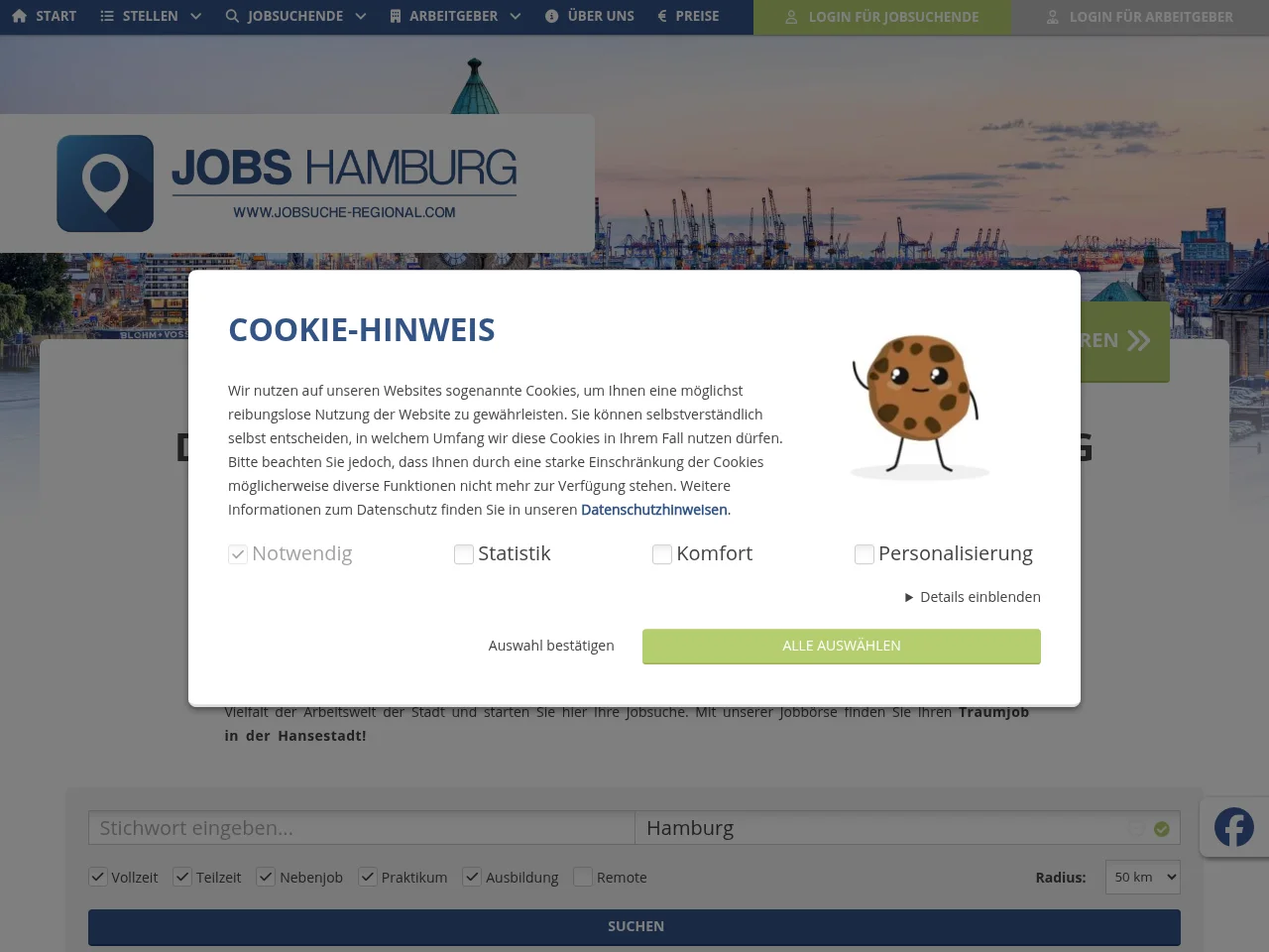 Jobs Hamburg job board platform screenshot showing job search interface