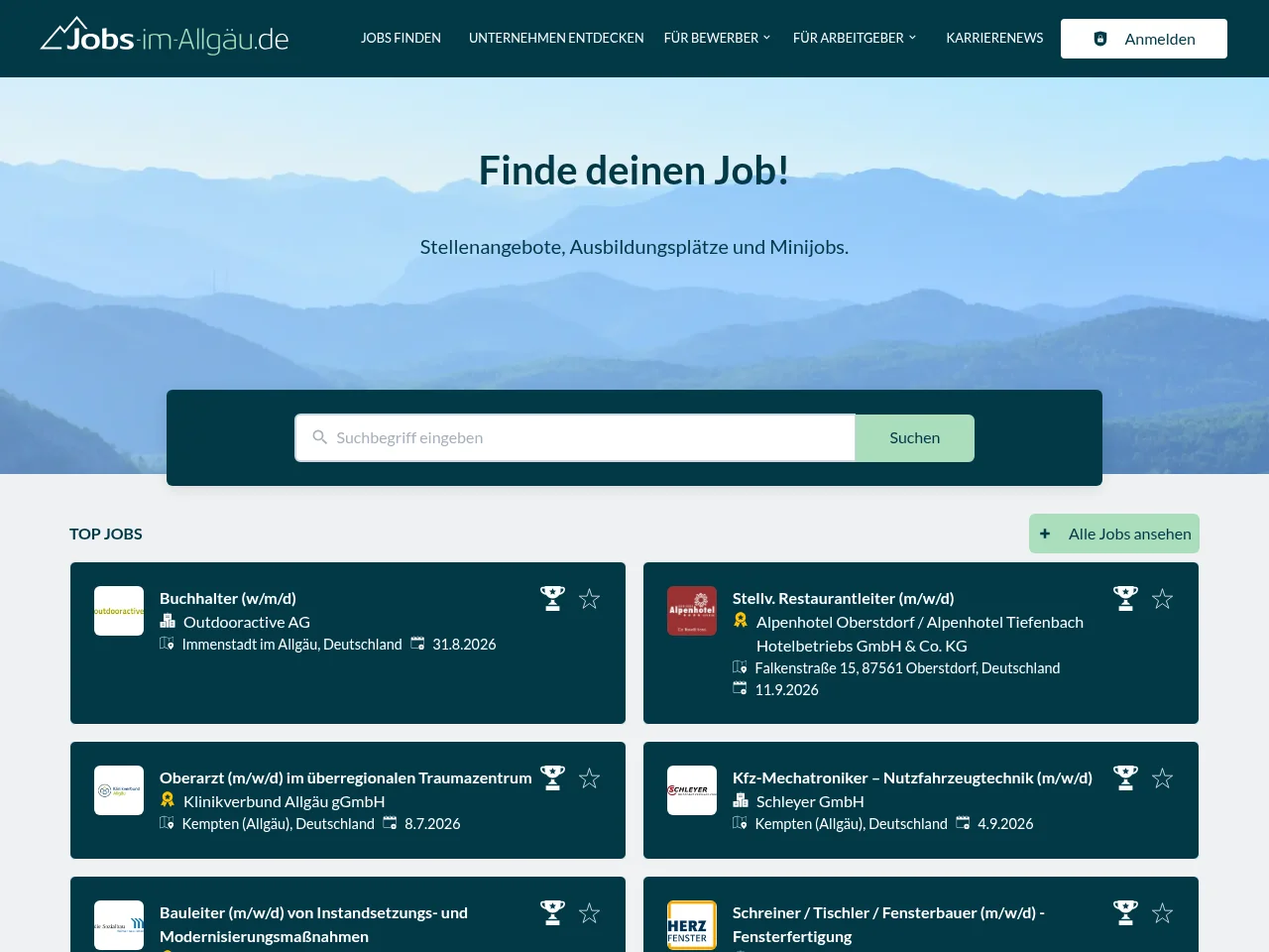 Jobs-im-Allgäu job board platform screenshot showing job search interface