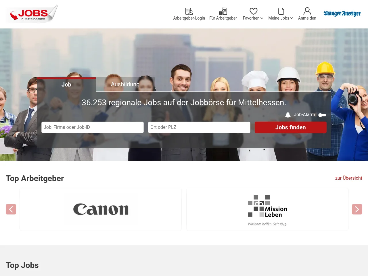 jobs-in-mittelhessen.de job board platform screenshot showing job search interface
