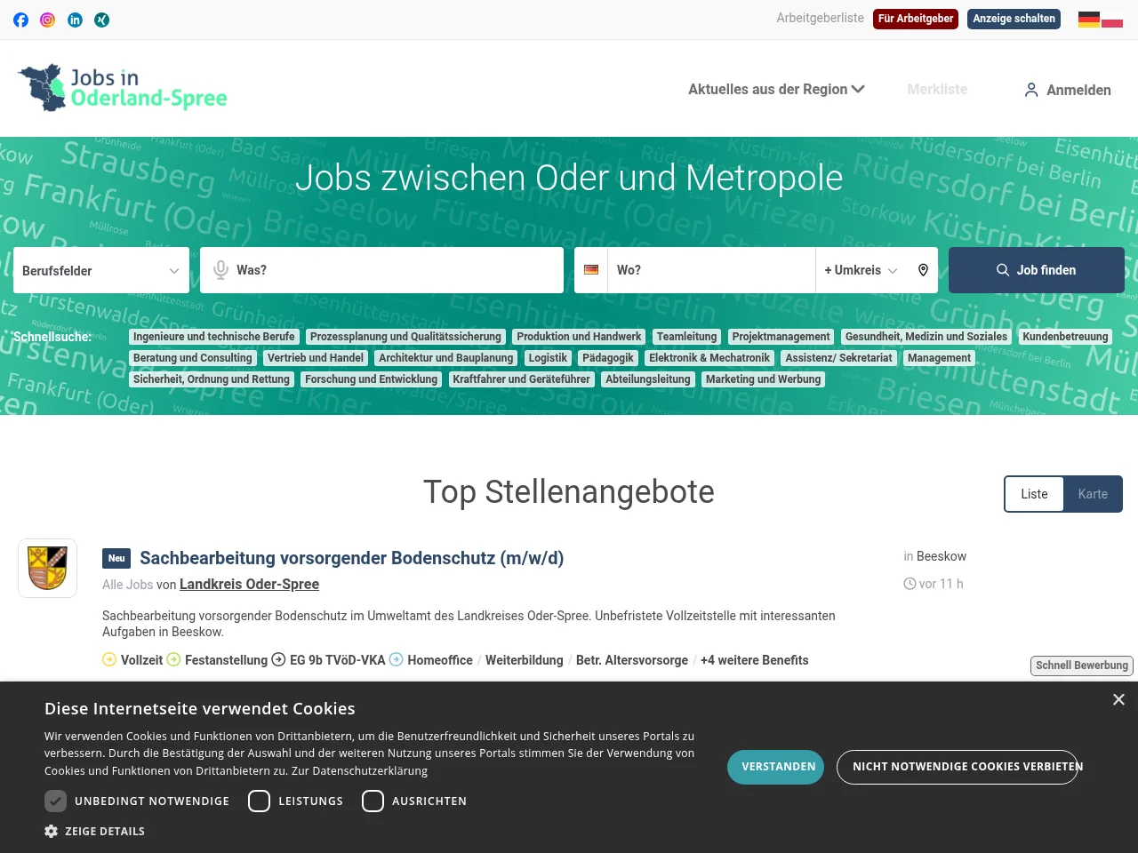 Jobs in Oderland-Spree job board platform screenshot showing job search interface