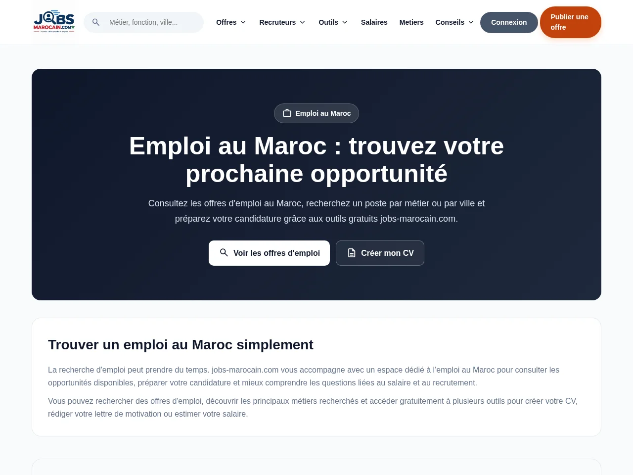 Jobs-Marocain.com job board platform screenshot showing job search interface