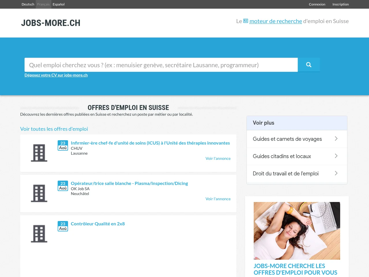 jobs-more.ch job board platform screenshot showing job search interface