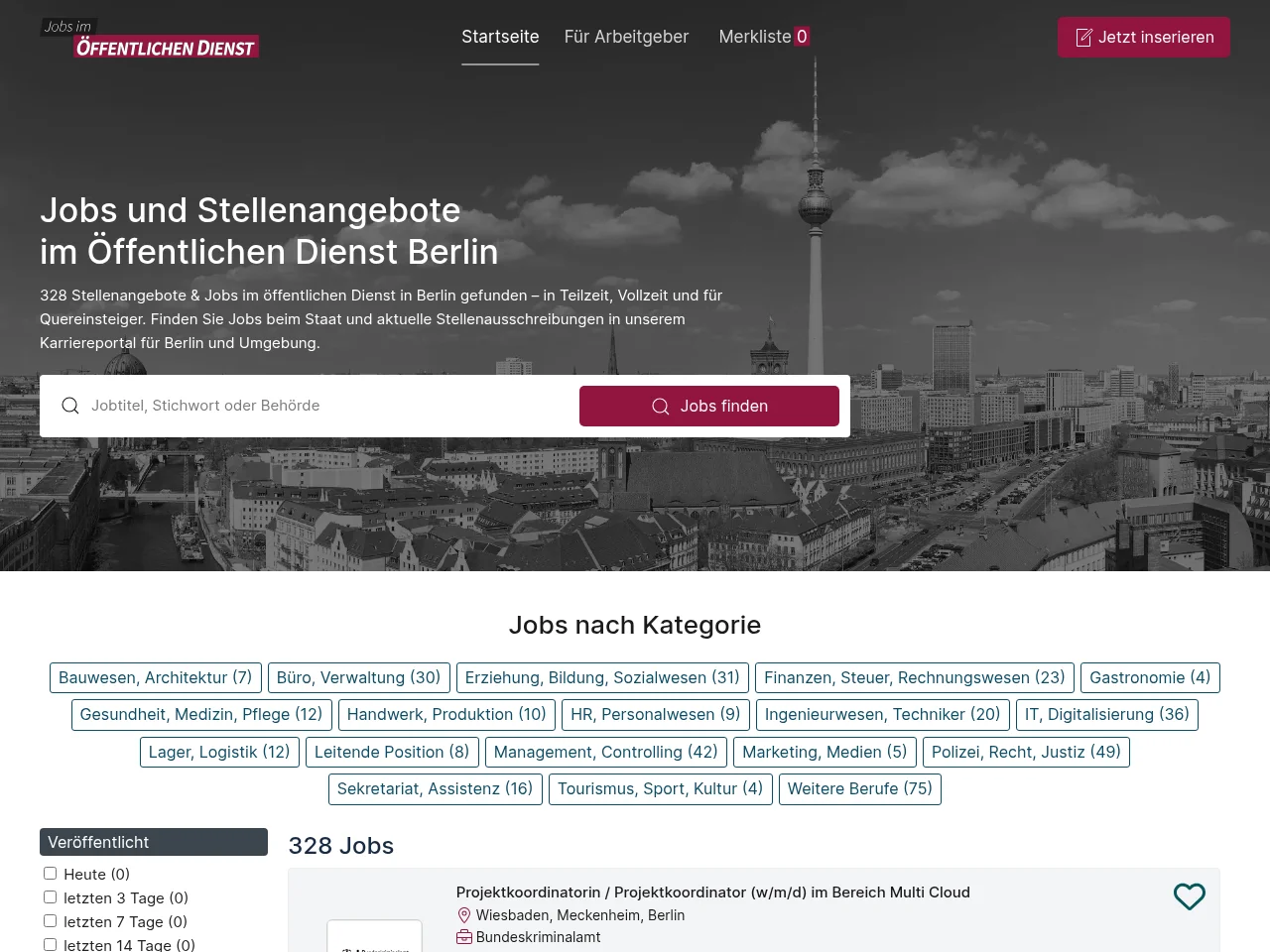 Jobs im Öffentlichen Dienst Berlin job board platform screenshot showing job search interface