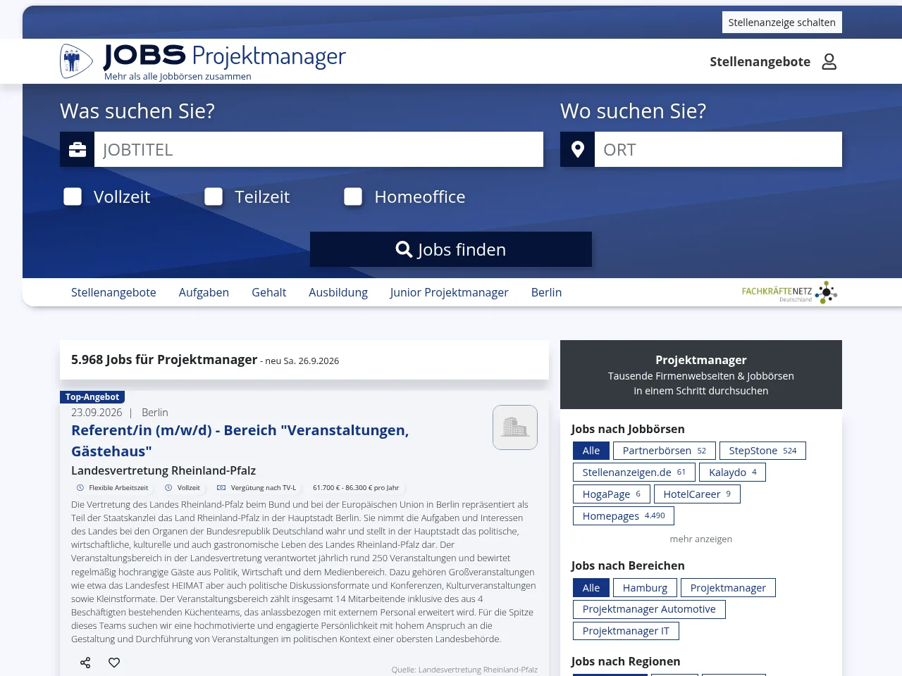 jobs-projektmanager.de job board platform screenshot showing job search interface