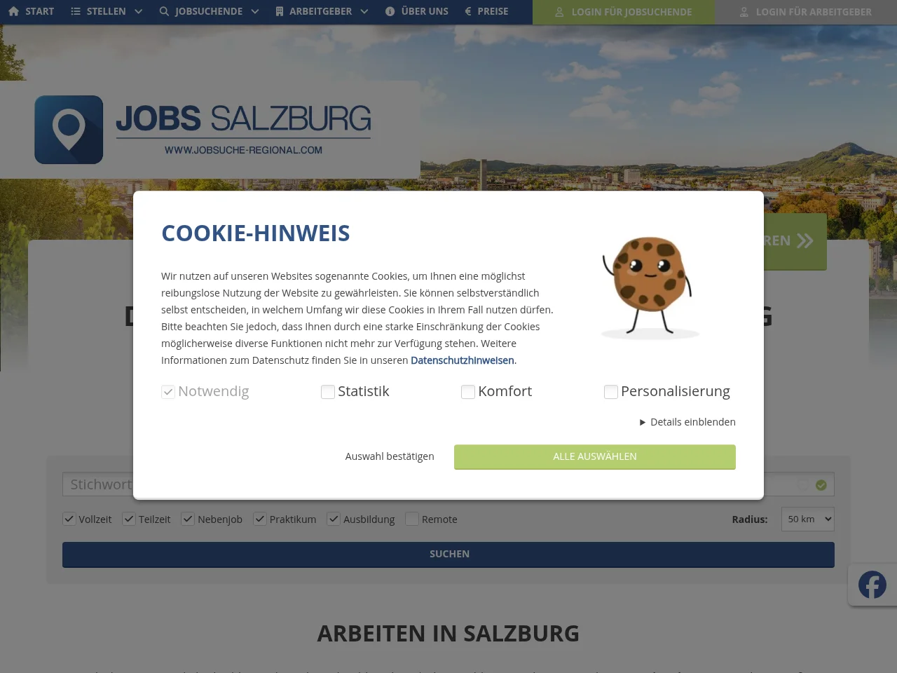 Jobs Salzburg job board platform screenshot showing job search interface