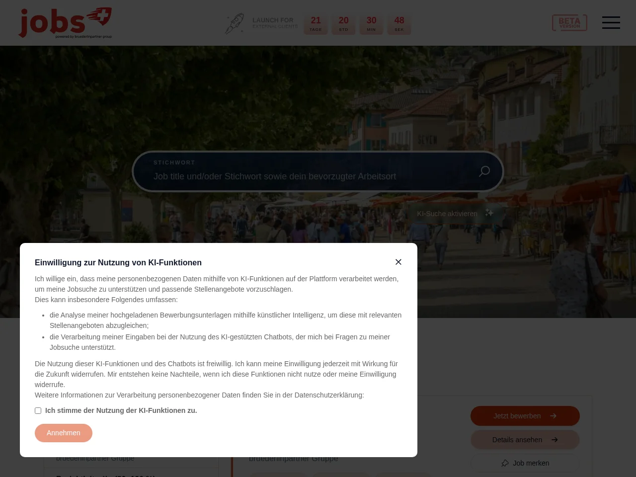 Jobs in Tessin job board platform screenshot showing job search interface