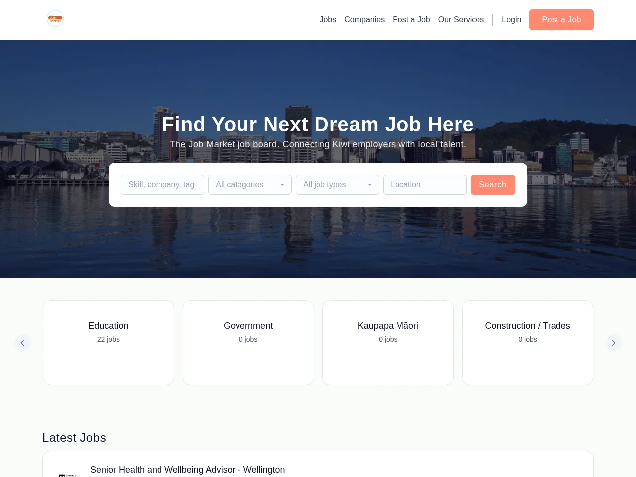 The Job Market job board platform screenshot showing job search interface