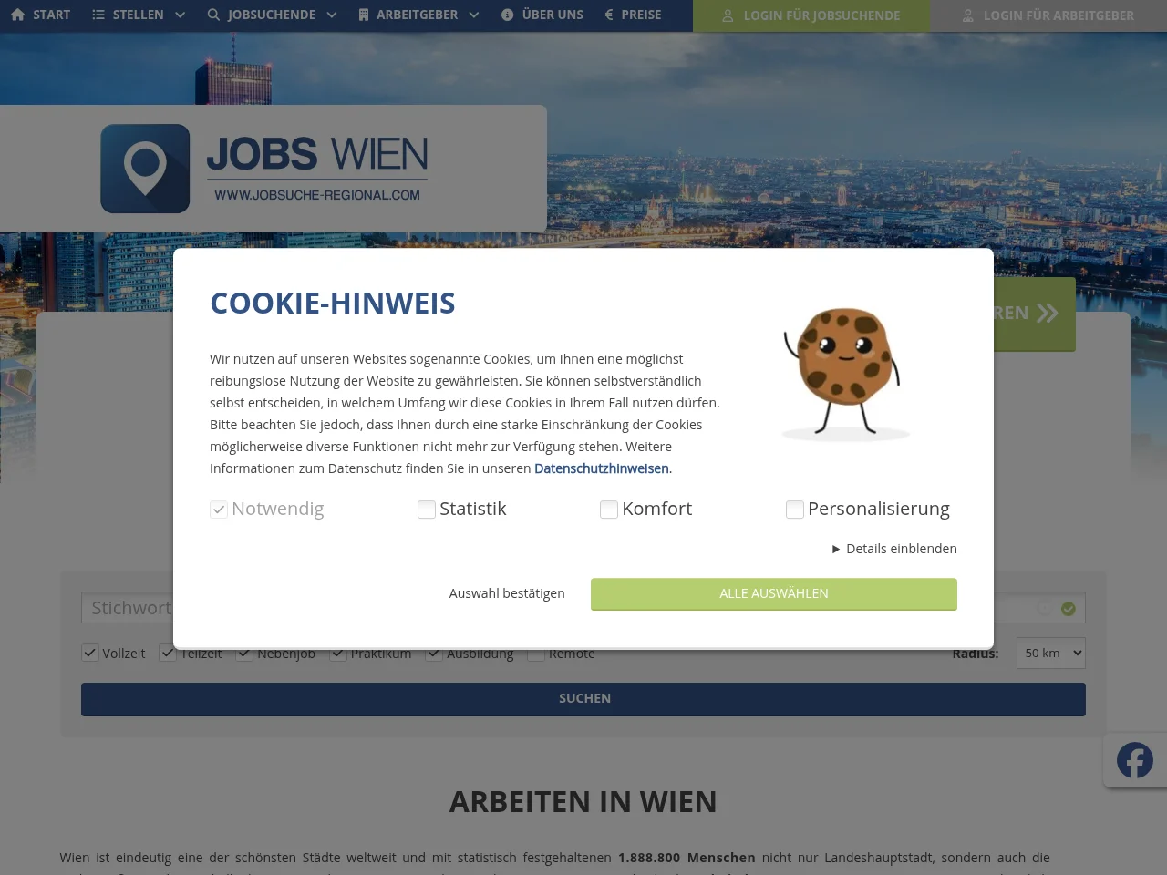 Jobs Wien job board platform screenshot showing job search interface