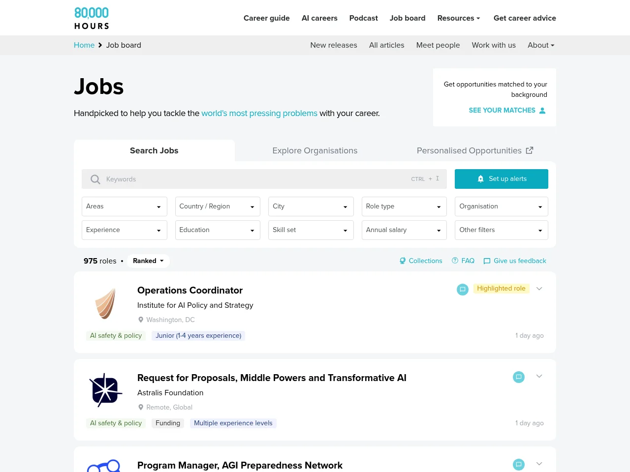 80,000 Hours Job Board screenshot 80,000 Hours Job Board job board platform screenshot showing job search interface