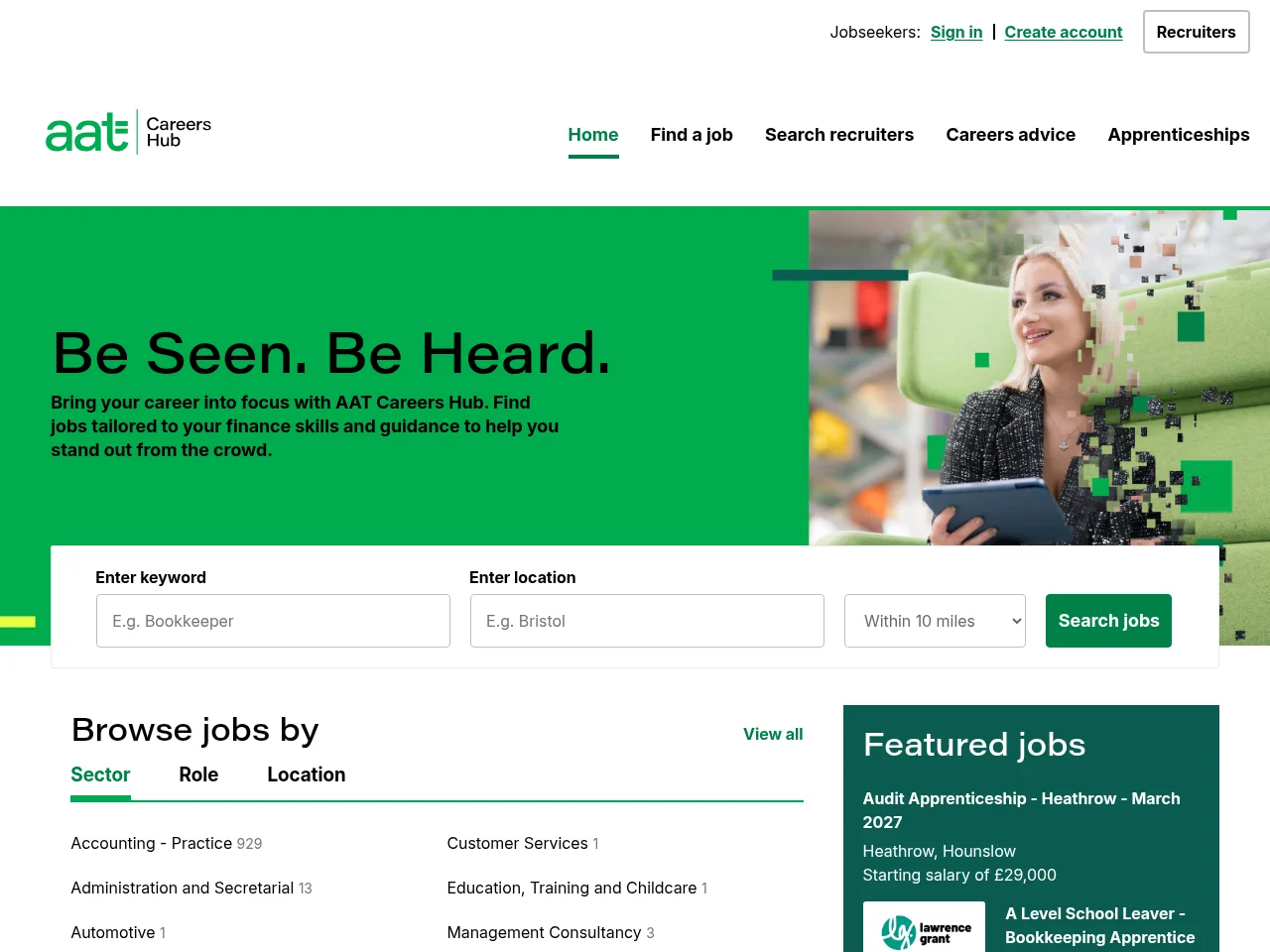 AAT Careers Hub job board platform screenshot showing job search interface