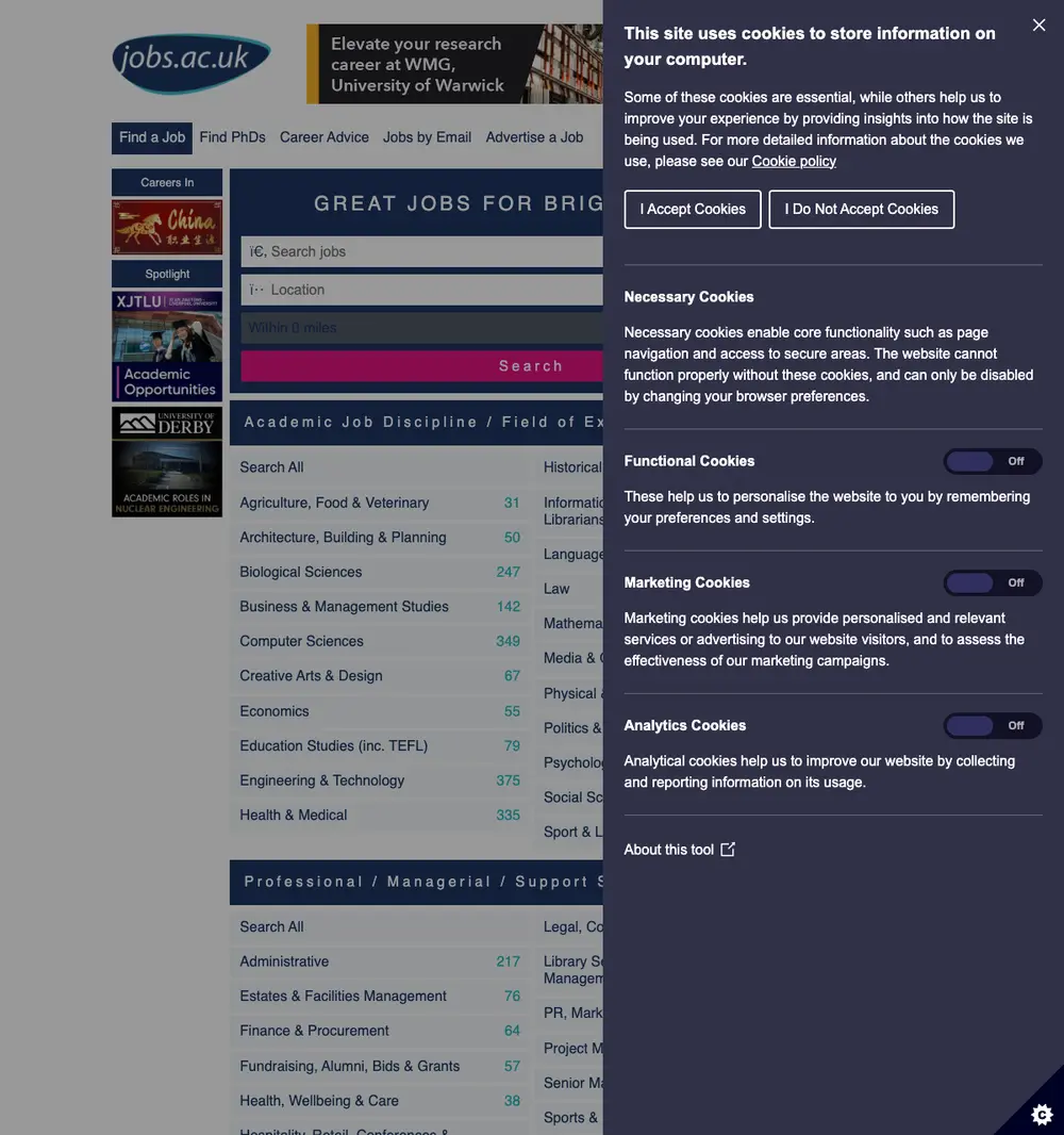 jobs.ac.uk screenshot jobs.ac.uk job board platform screenshot showing job search interface