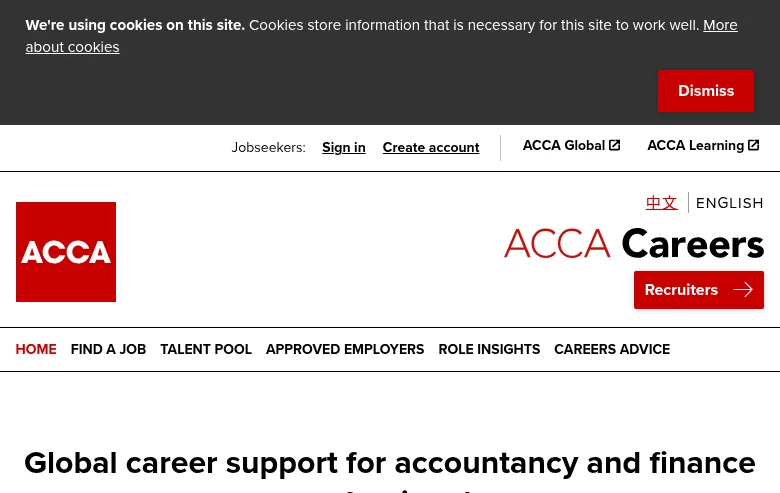 ACCA Careers job board platform screenshot showing job search interface
