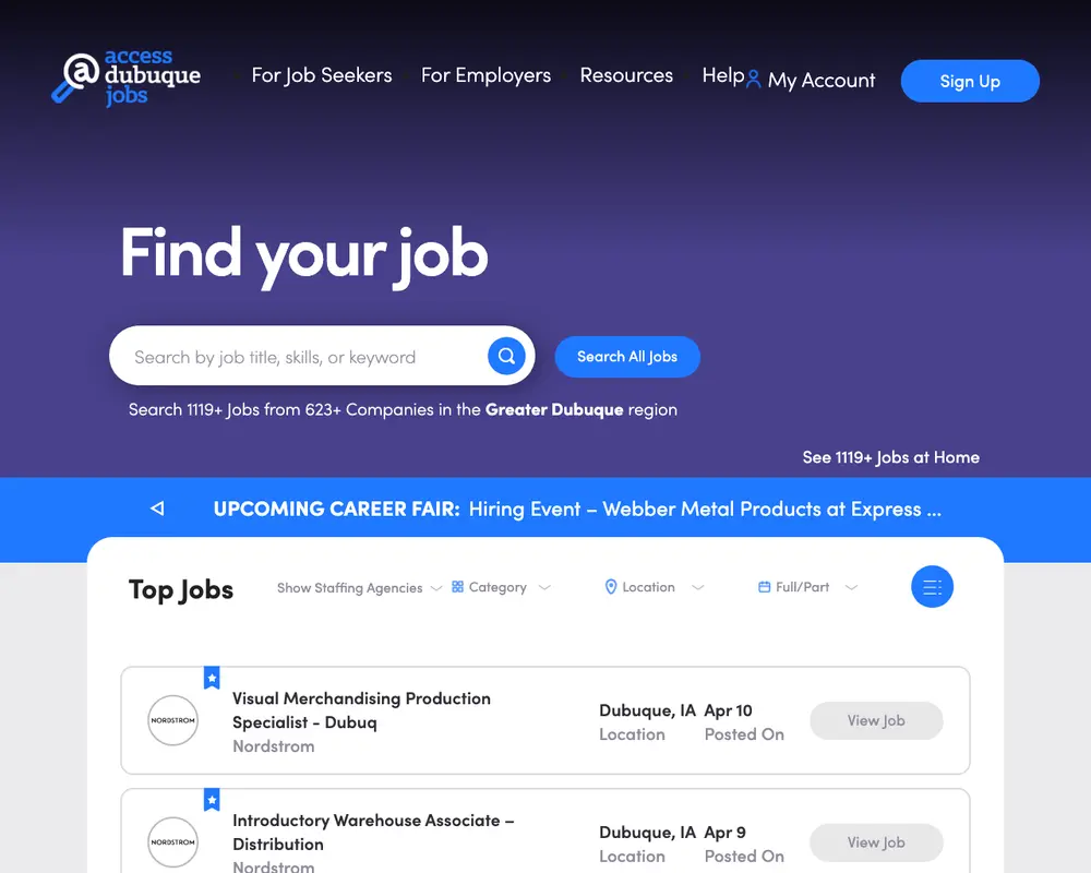 Access Dubuque Jobs job board platform screenshot showing job search interface
