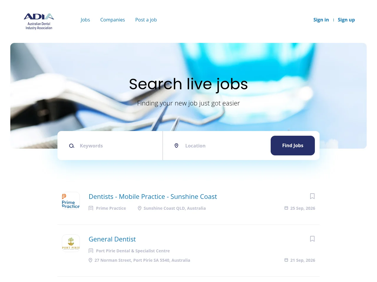 ADIA Dental Industry Jobs Board job board platform screenshot showing job search interface
