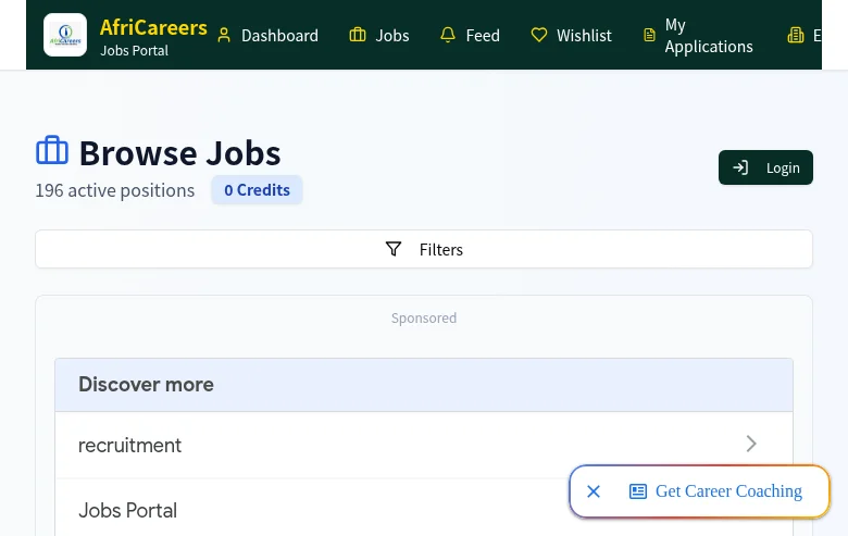 AfriCareers screenshot AfriCareers job board platform screenshot showing job search interface