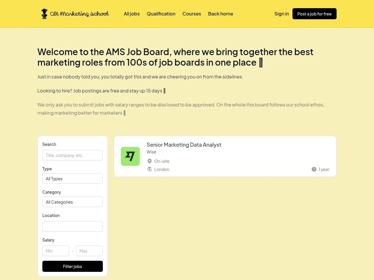Alt Marketing School Job Board job board platform screenshot showing job search interface