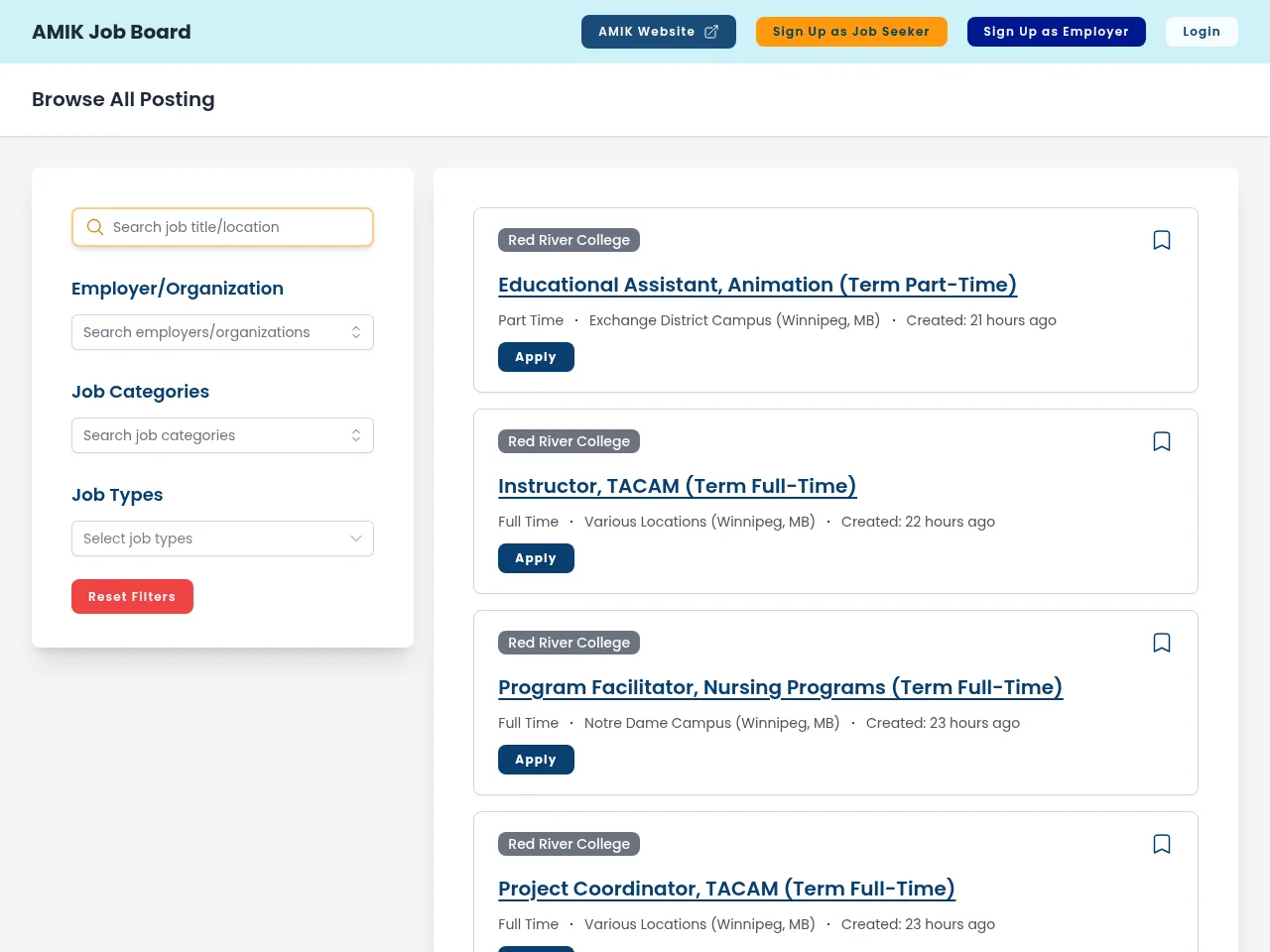 AMIK job board platform screenshot showing job search interface